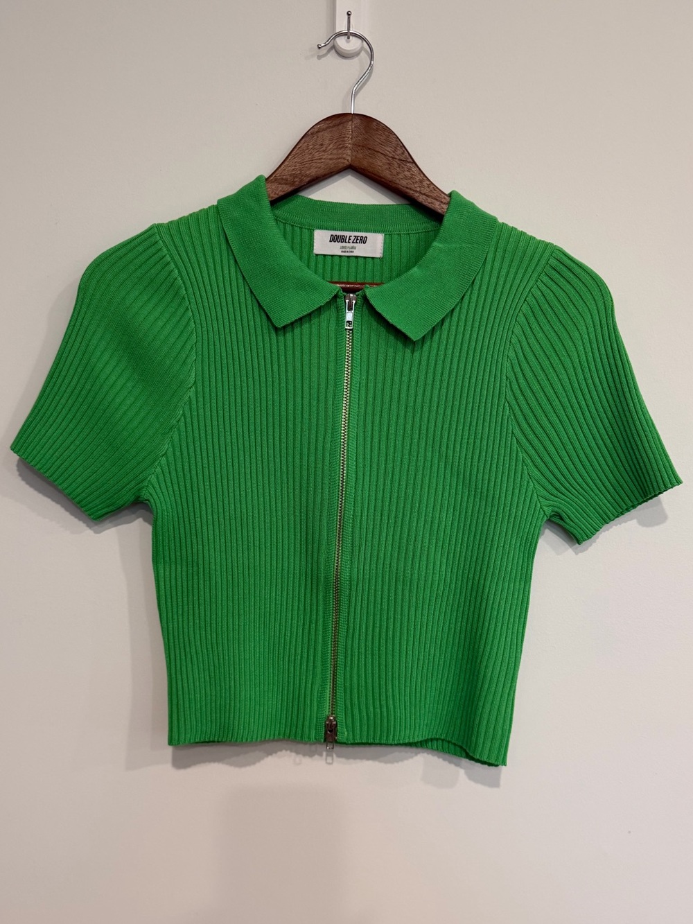Double Zero Green Ribbed Knit Zip Front Polo Crop Top Large NWOT